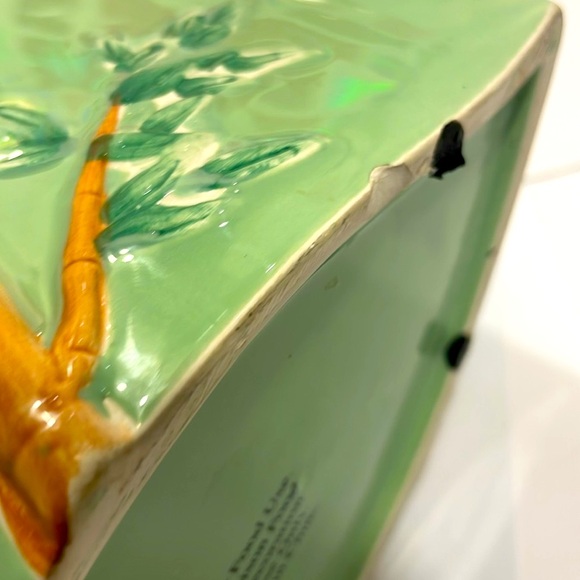 Handpainted 3Dimensional Bamboo Design Green Dshape Ceramic Vase w Glossy Finish - Picture 14 of 16